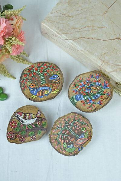 Teak Wood Handpainted Gond Art Coasters- Set of 4