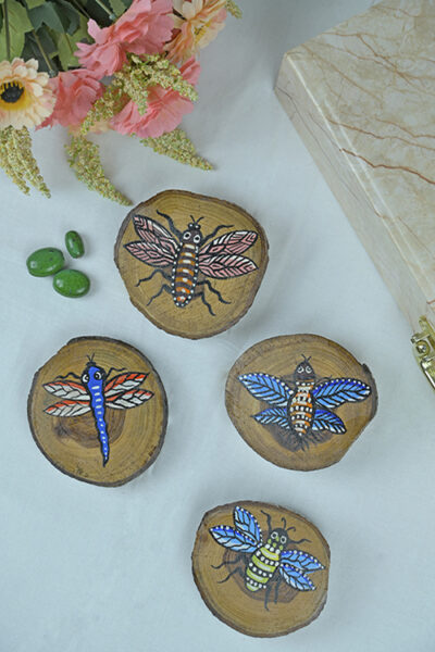 Teak Wood Handpainted Flies Coasters- Set of 4