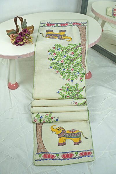 Chanderi Silk Handpainted Elephant Table Runner