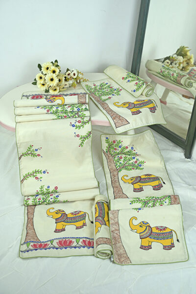 Chanderi Silk Handpainted Elephant Table Runner & Mats