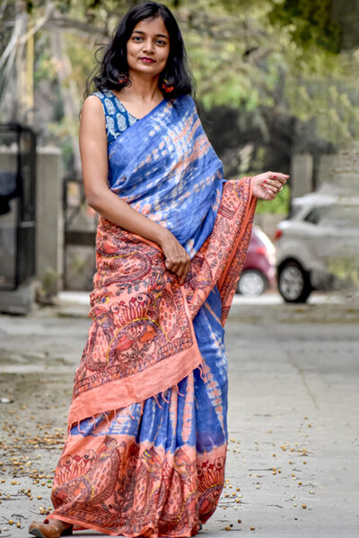 Madhubani Folk Lady Hand-painted Linen Saree