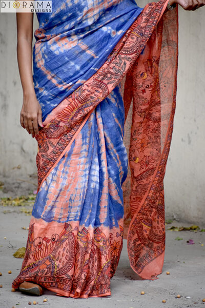 Madhubani Folk Lady Hand-painted Linen Saree