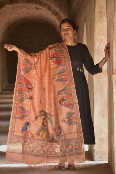 Madhubani Hand-painted Salmon Tussar Silk Dupatta