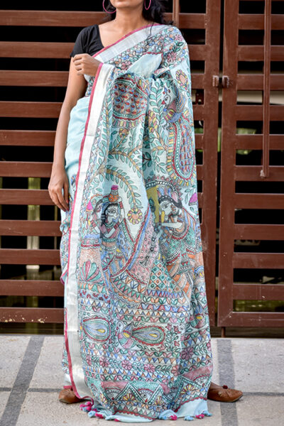 Madhubani “Radha Sang Krishna Holi ” Hand-painted Linen Saree