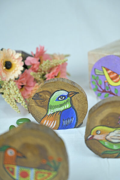 Teak Wood Handpainted Chirping Coasters- Set of 4