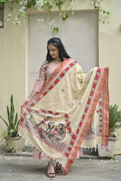 Madhubani Hand-painted “Makhan Chor” Cotton Dupatta