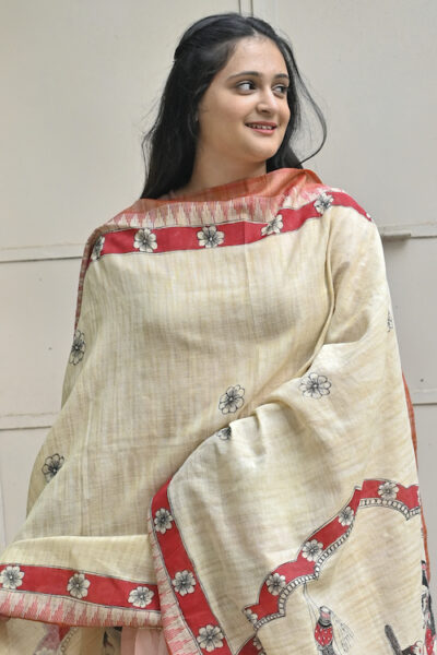 Madhubani Hand-painted “Makhan Chor” Cotton Dupatta