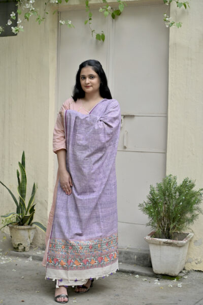 Madhubani Hand-painted Lilac Khadi Handloom Dupatta